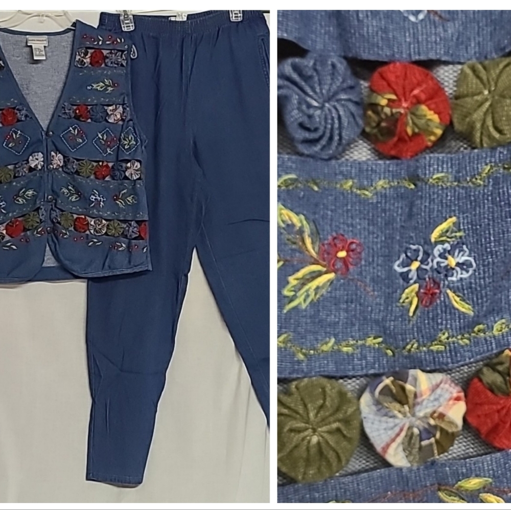 Vintage Napa Valley 2-piece Set Floral Rosette Vest Elastic Waist Pants Sz 12